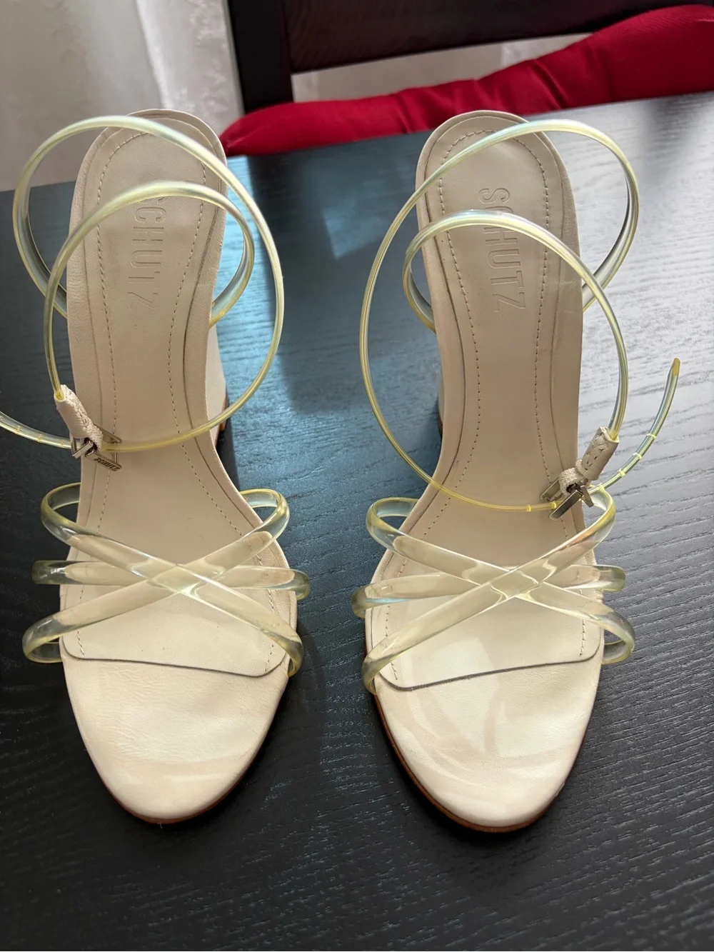 Schutz White Wedge Sandals with Clear Straps
